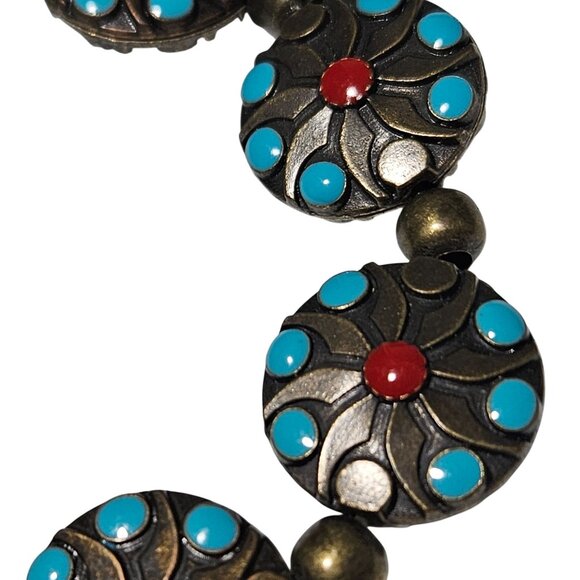 Vintage Bronze Bracelet Turquoise Red Accents Elastic Band Bohemian Southwest - Picture 2 of 3